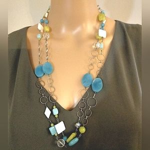 Vintage Gemstones Teal Lime Green Mother of Pearl Layering Necklace Silvertone